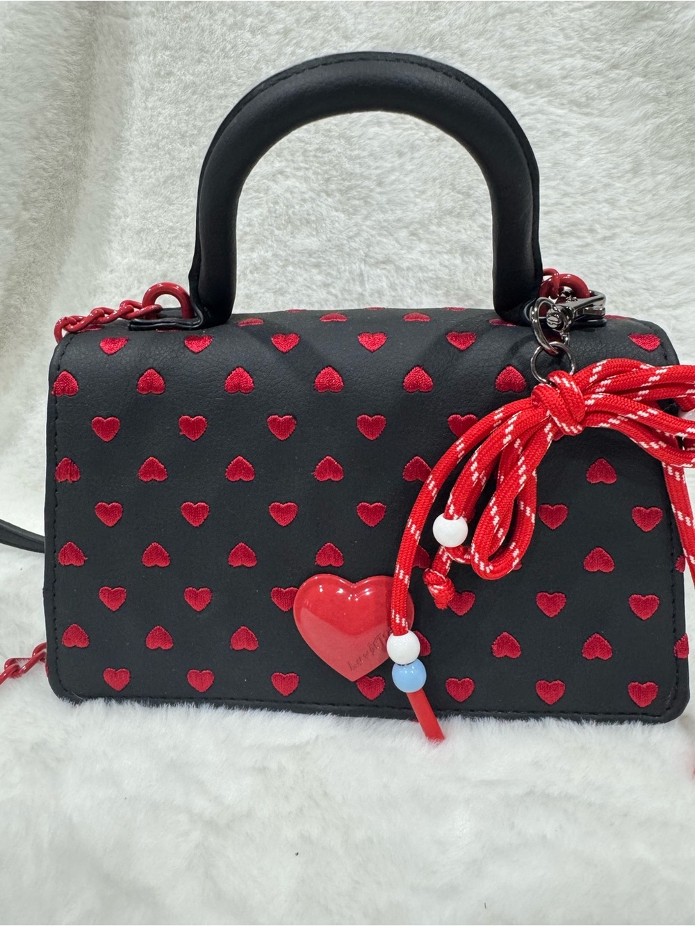 EUC Betsey Johnson Black Handbag with Red Hearts Accent